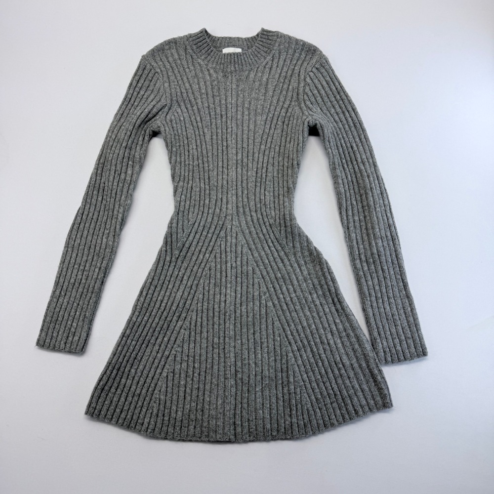 HM Heather Grey Ribbed Knit Fit and Flare Long Sleeve Mini Dress XS